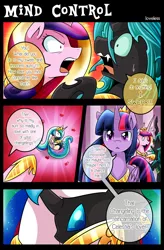 Size: 1500x2283 | Tagged: safe, artist:vavacung, derpibooru import, princess cadance, princess celestia, queen chrysalis, twilight sparkle, twilight sparkle (alicorn), oc, alicorn, changeling, pony, comic:to love alicorn, comic, female, mare