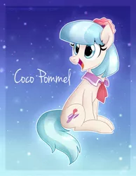 Size: 1203x1548 | Tagged: artist:sonnatora, cocobetes, coco pommel, cute, derpibooru import, looking back, open mouth, safe, sitting, smiling, solo