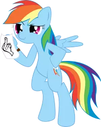 Size: 2085x2636 | Tagged: safe, artist:hoodie-stalker, derpibooru import, rainbow dash, pegasus, pony, bipedal, female, high res, mare, middle finger, paper, simple background, solo, transparent background, vector, vulgar