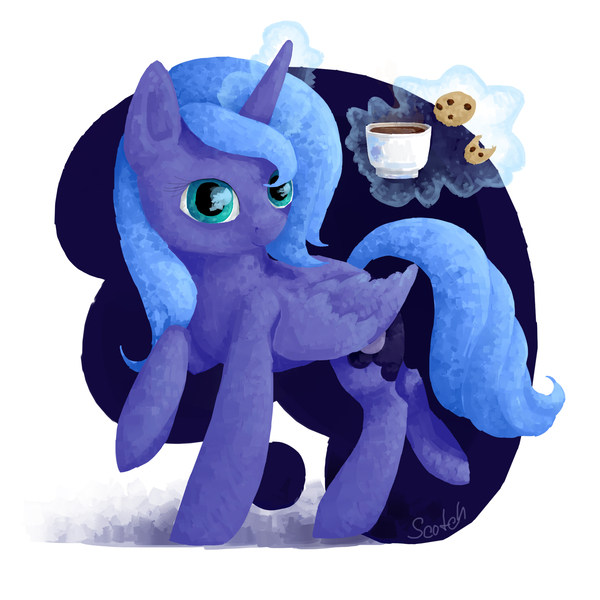 Size: 2000x2000 | Tagged: artist:solar-claw, chocolate, coffee, cookie, derpibooru import, magic, mug, princess luna, s1 luna, safe, solo, telekinesis