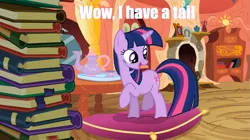 Size: 1025x576 | Tagged: safe, derpibooru import, screencap, twilight sparkle, pony, unicorn, spike at your service, book, captain obvious, caption, female, image macro, looking back, mare, meme, open mouth, pillow, purple smart, raised hoof, raised leg, smiling, solo, sudden realization, tail, tea set, twilight's tail