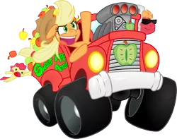 Size: 955x754 | Tagged: safe, artist:sketchy brush, derpibooru import, apple bloom, applejack, big macintosh, earth pony, pony, apple, apple siblings, applebuse, deal with it, male, pickup truck, simple background, smiling, stallion, sweet apple acres, transparent background, truck, vector, vector trace