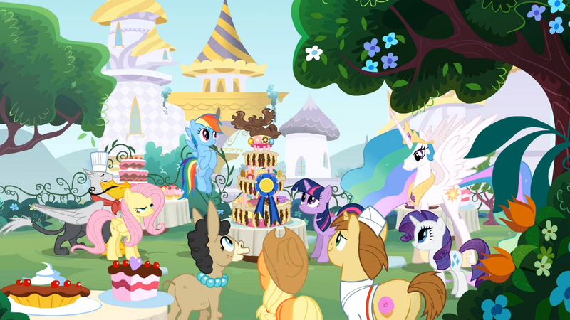 Size: 1366x768 | Tagged: applejack, derpibooru import, donut joe, fluttershy, mmmystery on the friendship express, mulia mild, princess celestia, rainbow dash, rarity, safe, screencap, twilight sparkle