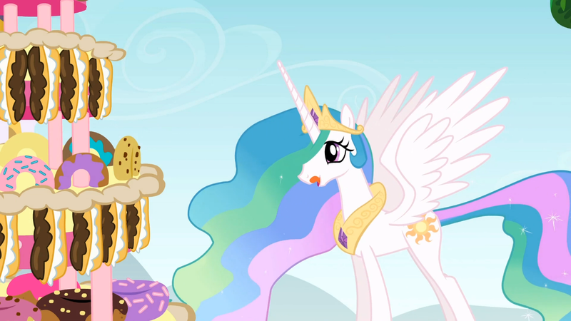 Size: 1366x768 | Tagged: safe, derpibooru import, screencap, princess celestia, alicorn, pony, mmmystery on the friendship express, cake, cakelestia, cute, cutelestia, eyes on the prize, female, jewelry, licking lips, mare, open mouth, peytral, regalia, smiling, solo, spread wings, tongue out