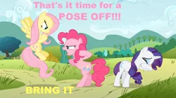 Size: 1050x590 | Tagged: caption, derpibooru import, edit, edited screencap, facehoof, fluttershy, image macro, meme, pinkie pie, pink text, pose, putting your hoof down, rarity, safe, screencap, yellow text