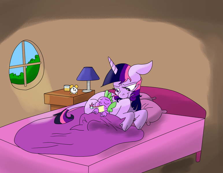 Size: 1280x995 | Tagged: artist:ced75, artist:imsokyo, bed, classical unicorn, cloven hooves, colored, daily life of spike, derpibooru import, eyes closed, floppy ears, frown, leonine tail, mama twilight, prone, safe, sick, sleeping, smiling, spike, spikelove, thermometer, twilight sparkle, unshorn fetlocks