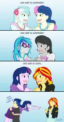 Size: 620x1170 | Tagged: safe, artist:kibate, derpibooru import, bon bon, flash sentry, lyra heartstrings, octavia melody, sunset shimmer, sweetie drops, twilight sparkle, twilight sparkle (alicorn), vinyl scratch, equestria girls, rainbow rocks, cockblock, comic, dialogue, exploitable meme, female, flash sentry savior of the universe, flashlight, lesbian, lyrabon, male, meme, not today, scratchtavia, shipping, shipping denied, straight, sunsetsparkle, waifu, waifu thief