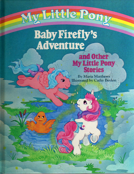 Size: 813x1059 | Tagged: baby firefly, book, book cover, cloud, cloudy, derpibooru import, duck, eye contact, flying, g1, open mouth, pond, rain, raised hoof, safe, smiling, tail bow, underhoof