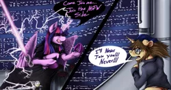 Size: 1389x732 | Tagged: suggestive, artist:scrufflebutt, derpibooru import, twilight sparkle, twilight sparkle (alicorn), oc, oc:scrufflebutt, alicorn, pegasus, pony, unicorn, cold blooded twilight, 2 panel comic, comic, electricity, female, lightsaber, mare, star wars