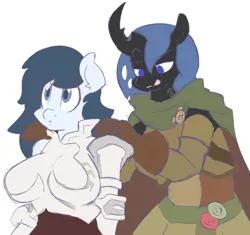 Size: 1868x1754 | Tagged: safe, artist:sweethd, derpibooru import, changeling queen oc, oc, oc:blueberry smoothie, oc:myxine, unofficial characters only, anthro, changeling queen, anthro oc, armor, big breasts, blue changeling, breasts, female, fire emblem, rapeface, simple background, tongue out, white background