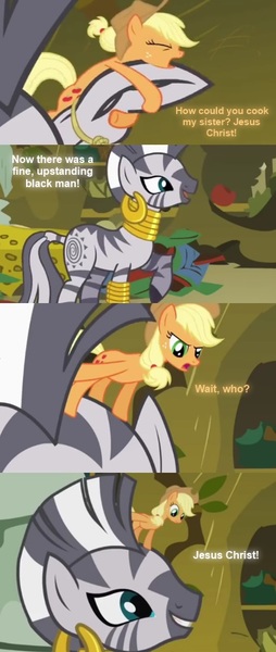 Size: 423x1000 | Tagged: applejack, appletini, avenue q, bridle gossip, comic, derpibooru import, duo, edit, edited screencap, jesus christ, joke, micro, safe, screencap, screencap comic, zebra, zecora