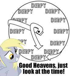 Size: 418x455 | Tagged: safe, derpibooru import, derpy hooves, pegasus, pony, clock, female, grin, just look at the time, mare, smiling, solo