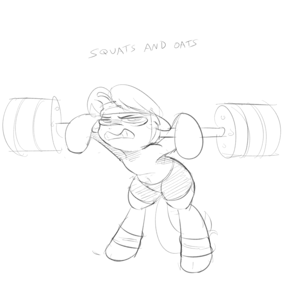 Size: 1000x1000 | Tagged: artist:khorme, belly button, bike shorts, clothes, derpibooru import, do you even lift, gritted teeth, monochrome, oc, oc:ultramare, safe, sketch, solo, sweat, sweatband, unofficial characters only, weight lifting, weights, workout