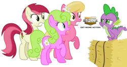 Size: 1280x675 | Tagged: safe, artist:titanium-pony, derpibooru import, daisy, flower wishes, lily, lily valley, roseluck, spike, dragon, earth pony, pony, bedroom eyes, flower, flower in hair, flower trio, hay bale, lily (flower), logo, raised hoof, simple background, spike tv, tonight you, transparent background, vector