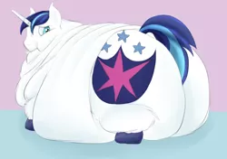 Size: 966x680 | Tagged: suggestive, artist:calorie, derpibooru import, shining armor, pony, unicorn, bhm, double chin, fat, impossibly large belly, impossibly large butt, male, morbidly obese, obese, plot, shieldbutt, shining blubber, solo, solo male, stallion