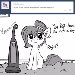 Size: 1280x1280 | Tagged: safe, artist:tjpones, derpibooru import, oc, oc:brownie bun, unofficial characters only, horse wife, ask, monochrome, onomatopoeia, solo, tumblr, vacuum cleaner