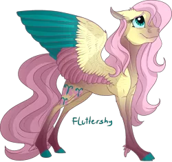Size: 1280x1204 | Tagged: safe, artist:thepoisonjackal, derpibooru import, fluttershy, alternate design, colored hooves, colored wings, colored wingtips, fangs, feather, feathered fetlocks, multicolored wings, realistic, realistic horse legs, scar, solo
