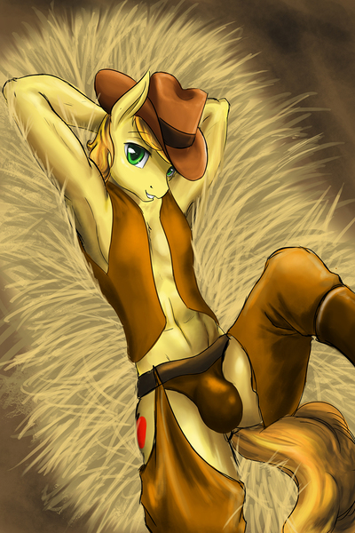 Size: 1000x1500 | Tagged: anthro, armpits, artist:d-lowell, braeburn, chaps, clothes, crotch bulge, derpibooru import, male, panties, partial nudity, questionable, solo, solo male, topless, underwear