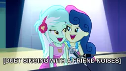 Size: 800x450 | Tagged: safe, derpibooru import, edit, edited screencap, screencap, bon bon, lyra heartstrings, sweetie drops, equestria girls, rainbow rocks, caption, descriptive noise, duet, image macro, meme, microphone, piano, singing