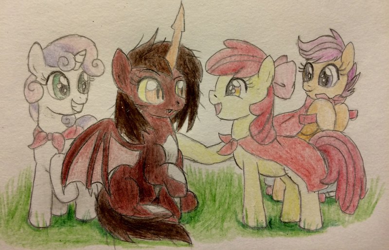 Size: 800x515 | Tagged: apple bloom, artist:fallenangel5414, crossover, cutie mark crusaders, derpibooru import, destoroyah, destoroyah (female), fanfic:the bridge, filly, godzilla (series), kaiju pony, safe, scootaloo, sweetie belle, traditional art