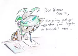Size: 1232x896 | Tagged: artist:pandan009, derpibooru import, hairclip, letter, letter to celestia, oc, oc:screwpine, paper, pencil, safe, unofficial characters only, vulgar, writing