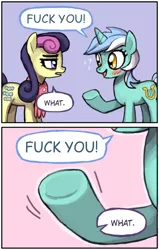 Size: 474x746 | Tagged: safe, artist:emlan, derpibooru import, edit, bon bon, lyra heartstrings, sweetie drops, earth pony, pony, unicorn, bon bon is not amused, female, fuck you, implied middle finger, lesbian, lyrabon, middle finger, shipping, vulgar, wat