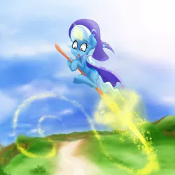 Size: 2200x2200 | Tagged: safe, artist:malifikyse, derpibooru import, trixie, pony, unicorn, broom, female, flying, flying broomstick, mare, scared, solo