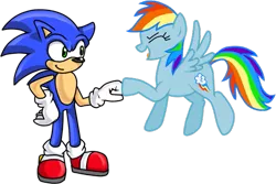 Size: 615x412 | Tagged: safe, artist:xsklx, derpibooru import, rainbow dash, crossover, crossover shipping, female, fist bump, interspecies, male, shipping, sonicdash, sonic the hedgehog, sonic the hedgehog (series), straight