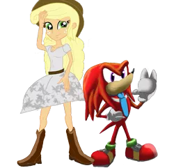 Size: 795x765 | Tagged: safe, artist:urhangrzerg, derpibooru import, applejack, equestria girls, crack shipping, crossover, crossover shipping, knuckles the echidna, shipping, simple background, sonic the hedgehog (series), transparent background