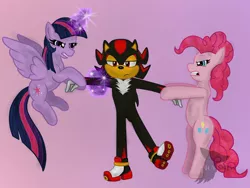 Size: 1024x768 | Tagged: safe, artist:icysnew, derpibooru import, pinkie pie, twilight sparkle, twilight sparkle (alicorn), alicorn, pony, crack shipping, crossover, crossover shipping, female, jealous, male, mare, shadow the hedgehog, shadpie, shadtwi, shipping, sonic the hedgehog (series), straight