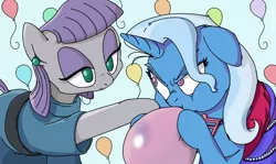 Size: 1600x954 | Tagged: safe, artist:foudubulbe, derpibooru import, edit, editor:dsp2003, maud pie, trixie, pony, unicorn, comic:damp rocks, :t, annoyed, balloon, blowing, blowing up balloons, clothes, cute, dress, earring, female, floppy ears, frown, glare, inflating, lesbian, mare, mauxie, party, piercing, poking, puffy cheeks, retouched, shipping, upscale, wide eyes