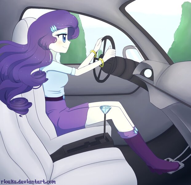 Size: 910x879 | Tagged: safe, artist:riouku, derpibooru import, rarity, equestria girls, beautiful, beauty, boots, car, car interior, clothes, diamond, driver, driving, offscreen character, pedal, pov, skirt, sky, smiling, solo, tree