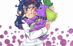 Size: 2476x1574 | Tagged: safe, artist:rustyartist, derpibooru import, sci-twi, spike, spike the regular dog, twilight sparkle, dog, human, equestria girls, blush sticker, blushing, cute, glasses, human coloration, humanized, spikabetes, twiabetes