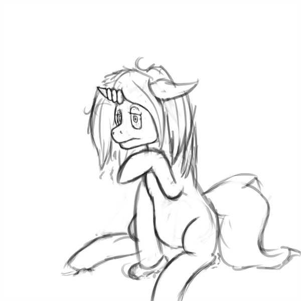 Size: 1280x1280 | Tagged: safe, artist:silver-tip, derpibooru import, oc, unofficial characters only, pony, unicorn, the cutie map, female, messy mane, monochrome, requested art, sad, shaking, sitting, sketch, solo