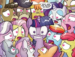 Size: 1084x833 | Tagged: suggestive, derpibooru import, edit, idw, aloe, apple bloom, carrot cake, cranky doodle donkey, diamond tiara, fluttershy, lotus blossom, matilda, mayor mare, rainbow dash, rarity, scootaloo, silver spoon, sweetie belle, twilight sparkle, alicorn, donkey, earth pony, pegasus, pony, unicorn, spoiler:comic, spoiler:comic31, crankilda, cutie mark crusaders, heart eyes, text edit, want it need it, wingding eyes