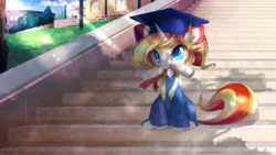 Size: 1920x1080 | Tagged: safe, artist:takuyarawr, derpibooru import, oc, oc:fantasy incantation, unofficial characters only, pony, unicorn, clothes, crepuscular rays, cute, diploma, graduation, graduation cap, hat, looking at you, mouth hold, nom, shade, sitting, smiling, solo, stairs