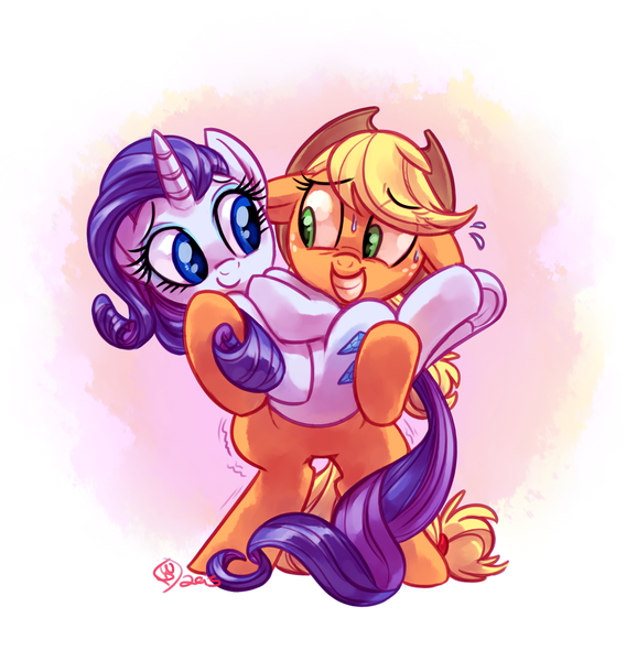 Size: 1325x1375 | Tagged: safe, artist:whitediamonds, derpibooru import, applejack, rarity, pony, bipedal, bridal carry, cute, female, lesbian, raribetes, rarijack, rarijack daily, shaking, shipping, sweatdrop, underhoof