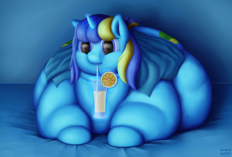 Size: 2800x1900 | Tagged: safe, artist:jesseorange, derpibooru import, oc, oc:jester bells, unofficial characters only, pony, unicorn, chubby cheeks, cocktail, fat, impossibly large belly, impossibly large butt, indoors, magic, morbidly obese, night, obese, sheet, solo, telekinesis, watching