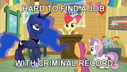 Size: 640x360 | Tagged: apple bloom, balloon rainbow dash, bloom and gloom, criminal record, cutie mark crusaders, derpibooru import, image macro, meme, nyan dash, princess luna, rainbow dash poster, safe, scootaloo, sweetie belle