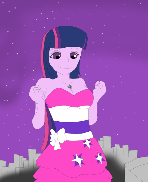 Size: 1700x2091 | Tagged: safe, artist:final7darkness, derpibooru import, spike, twilight sparkle, twilight sparkle (alicorn), dog, equestria girls, between breasts, breasts, city, clothes, dress, fall formal, fall formal outfits, female, giantess, macro, night, request, requested art, size difference, sky, spike the dog, stars, this is our big night, twilight ball dress