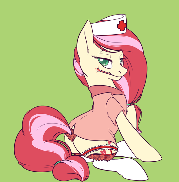 Size: 2061x2100 | Tagged: artist:floots, bedroom eyes, clothes, derpibooru import, fallout equestria, female, flower pattern underwear, frilly underwear, garter, hat, lace, nurse, nurse hat, nurse outfit, oc, oc:bleeding heart, panties, red underwear, solo, solo female, stockings, suggestive, thermometer, thong, underwear, unofficial characters only