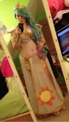 Size: 471x832 | Tagged: artist:mintyblitzz, belly button, clothes, cosplay, derpibooru import, female, human, irl, irl human, midriff, mobile phone, phone, photo, princess celestia, safe, smartphone, solo, toes