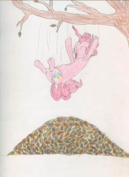 Size: 2550x3501 | Tagged: artist:j4m35c, autumn, derpibooru import, leaf pile, leaves, pile, pinkie pie, safe, solo, traditional art, tree