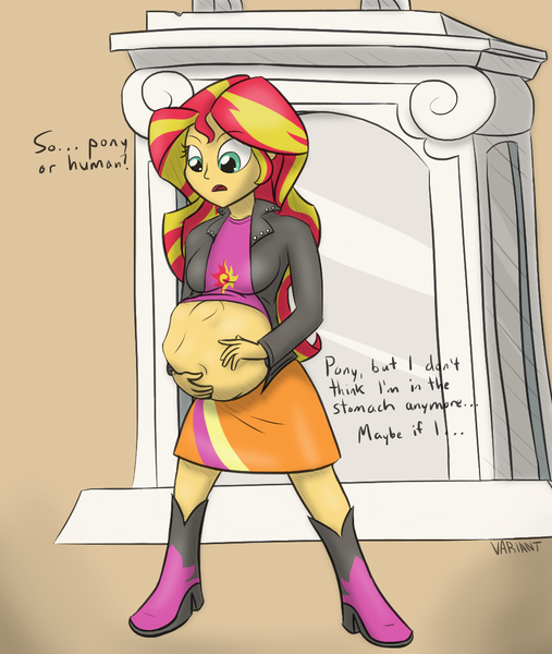 Size: 945x1118 | Tagged: questionable, artist:variant, derpibooru import, sunset shimmer, twilight sparkle, twilight sparkle (alicorn), equestria girls, belly, breasts, dialogue, fetish, preylight, vore, voreset shimmer