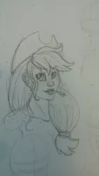 Size: 720x1280 | Tagged: safe, artist:skuttz, derpibooru import, applejack, human, freckles, humanized, monochrome, pencil drawing, sketch, solo, straw, traditional art