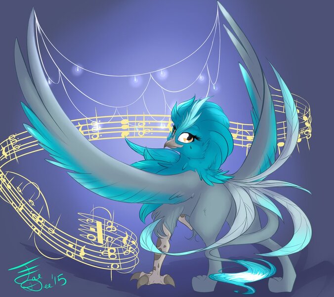 Size: 949x842 | Tagged: safe, artist:farewelldecency, deleted from derpibooru, derpibooru import, oc, oc:teary choir, unofficial characters only, gryphon, griffonized, music, solo, species swap