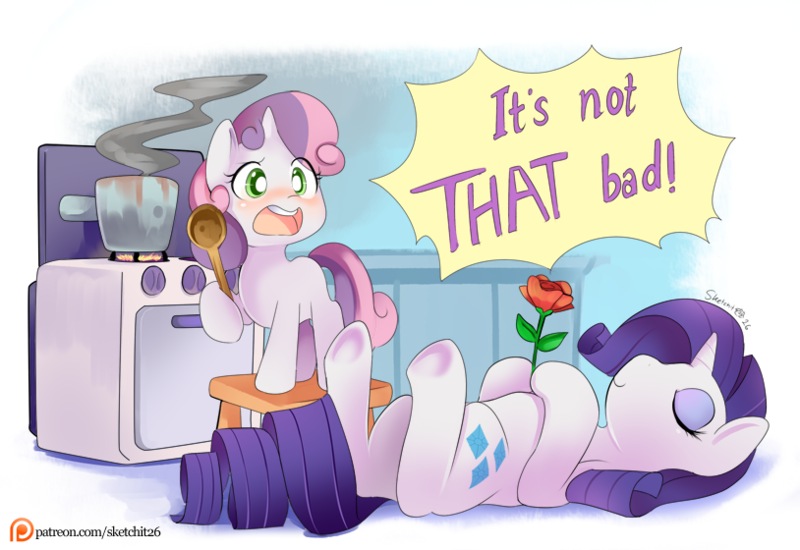Size: 814x560 | Tagged: safe, artist:ende26, derpibooru import, rarity, sweetie belle, pony, unicorn, blushing, cooking, cute, eyes closed, female, filly, flower, kitchen, mare, open mouth, oven, pan, playing dead, rose, saucepan, sweetie belle can't cook, sweetie fail, underhoof