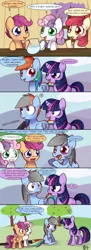 Size: 700x1931 | Tagged: safe, artist:solar-slash, derpibooru import, apple bloom, rainbow dash, scootaloo, sweetie belle, twilight sparkle, earth pony, pegasus, pony, unicorn, hearts and hooves day (episode), ..., angry, comic, cutie mark crusaders, glare, grey hair, love potion, open mouth, parody, rainbow-less dash, scene parody, sitting, smiling, vacuum cleaner, wide eyes