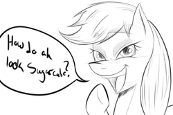 Size: 1128x751 | Tagged: applejack, artist:thethunderpony, bedroom eyes, derpibooru import, eyeshadow, eyeshadowjack, hatless, makeup, missing accessory, monochrome, open mouth, safe, sketch, solo, that was fast