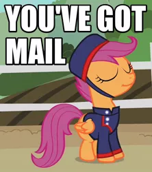 Size: 480x540 | Tagged: caption, clothes, costume, cute, cutealoo, derpibooru import, edit, edited screencap, eyes closed, family appreciation day, hat, image macro, meme, safe, scootagram, scootaloo, screencap, solo, uniform